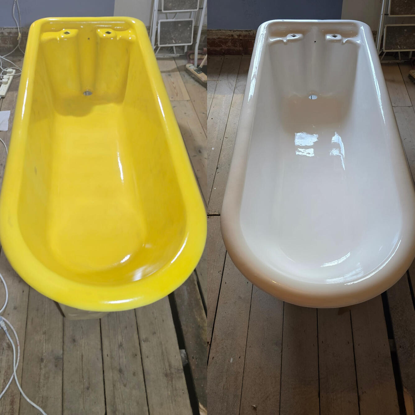 CAST IRON BATH RESURFACED BEFORE AND AFTER PHOTOS OF A CAST IRON ROLL TOP BATH RE-ENAMELLED IN Barnwood, Gloucester