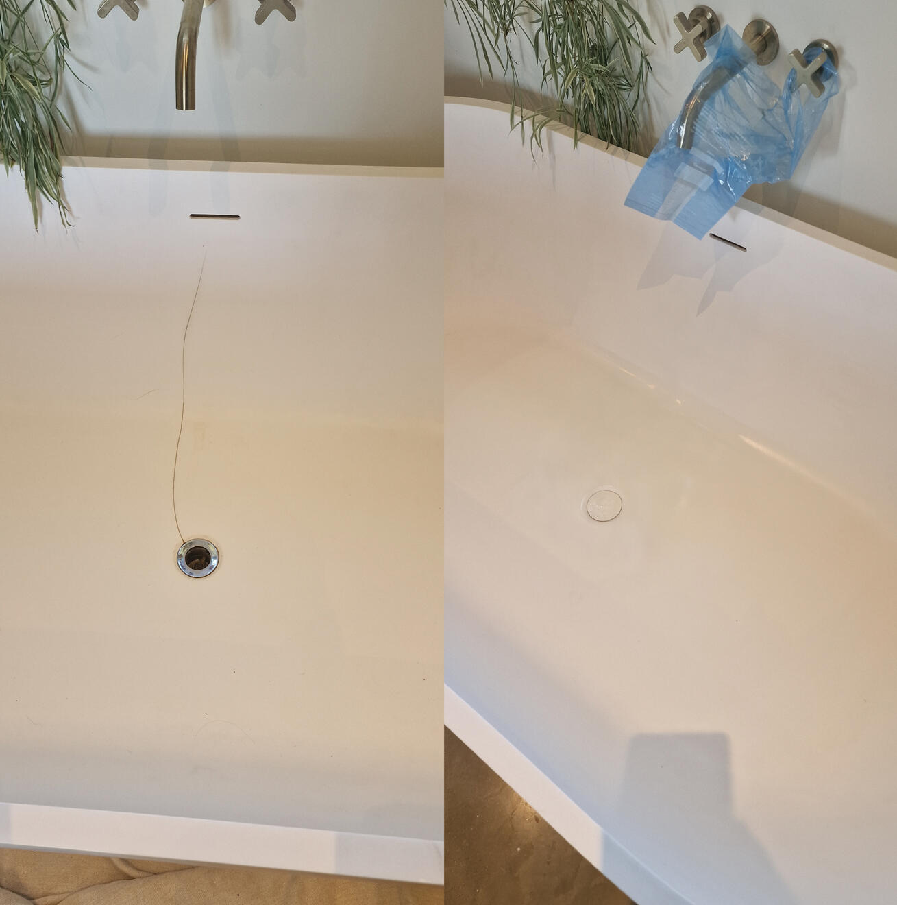 before and after pictures of a stone resin acrylic bath crack repair Reinforced stone resin bath crack repair in Gloucester