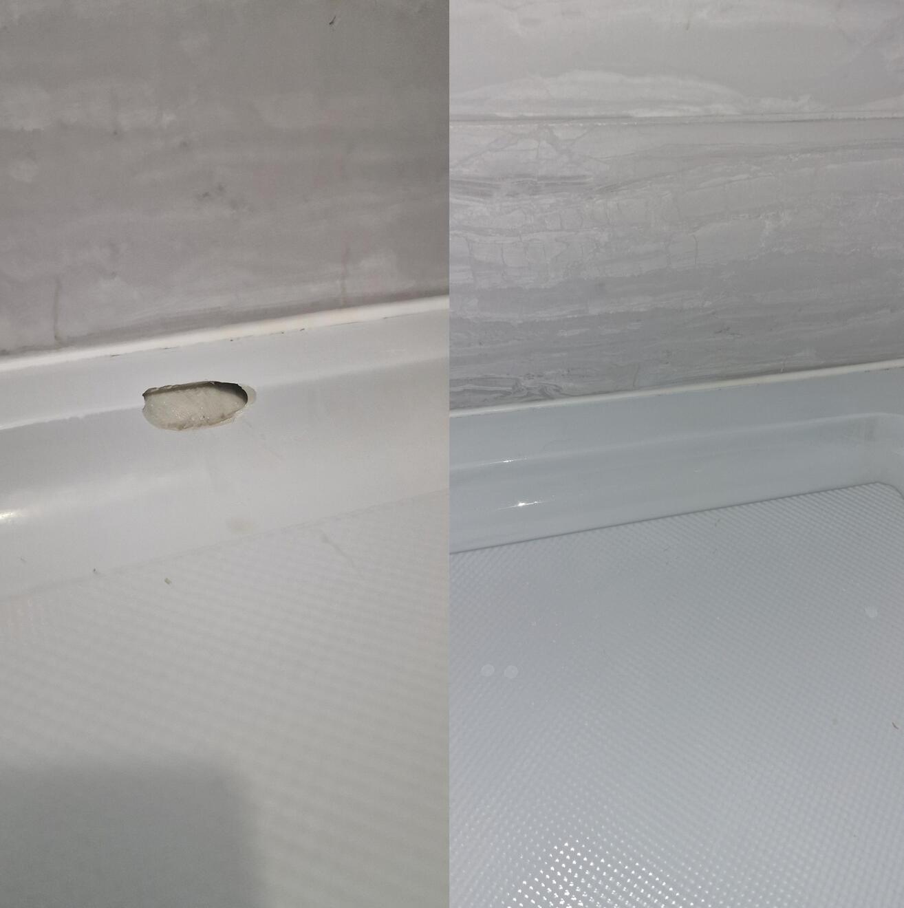 BEFORE AND AFTER PICTURES OF A STONE RESIN SHOWER TRAY CHIP REPAIR Before and after pictures of a shower Tray repair in Linden, Gloucester
