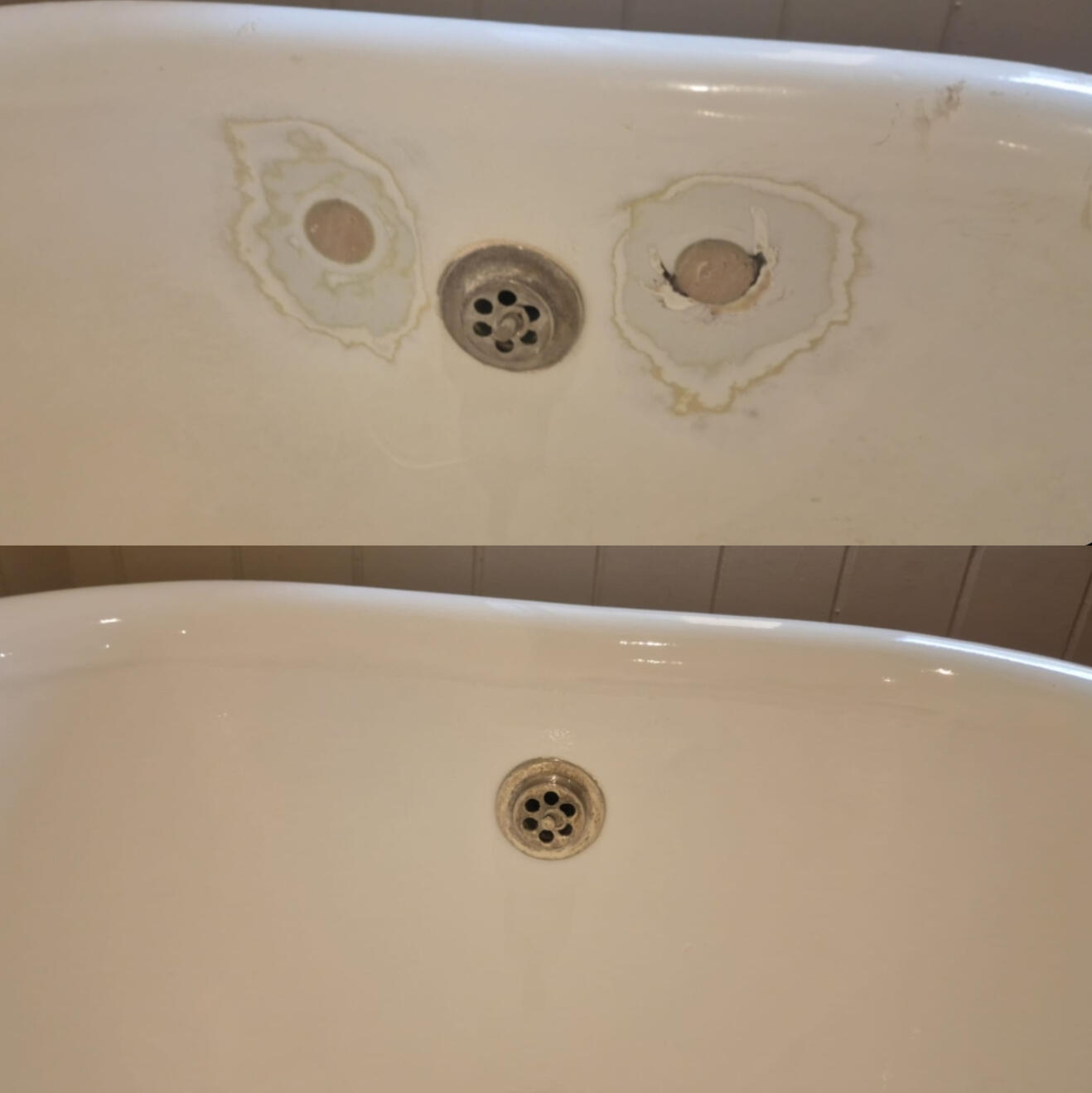 BEFORE AND AFTER PICTURES OF A CAST IRON BATH TAP HOLES FILLED AND REPAIRED Before and after cast iron bath tap holes filled and repaired Quedgeley, Gloucester