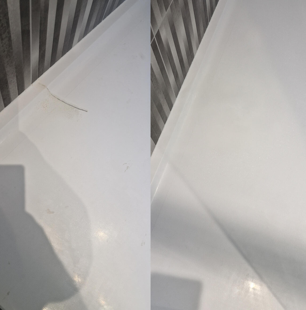 before and after pictures of a stone resin acrylic shower tray crack repair Reinforced shower tray crack repair in Gloucester